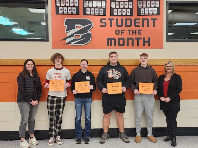 Byron High School Students of the Month for December were recently named. Pictured from left to right are BHS Assistant Principal Cassie Jennings, Noah Nicholson (ninth grade),  Natalie Chapel (10th grade), AJ Materazzo (11th grade), Mason Smith (12th grade) and Stillman Bank Retail Office Manager Renae Stevens. Each student received a gift card for their achievement.