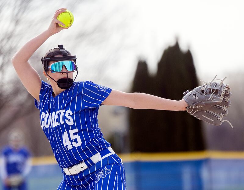 Newman’s Gianna Vance winds up for a pitch Wednesday, April 16, 2025, against Bureau Valley.
