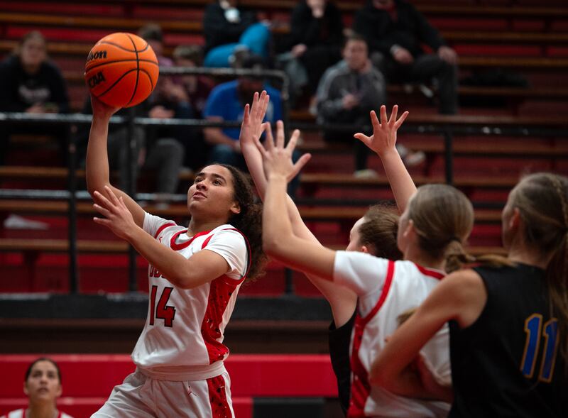 Bradley-Bourbonnais's Nia Lawrence elevates for a lay-up in a game against Sandburg on Saturday, January 3, 2026.