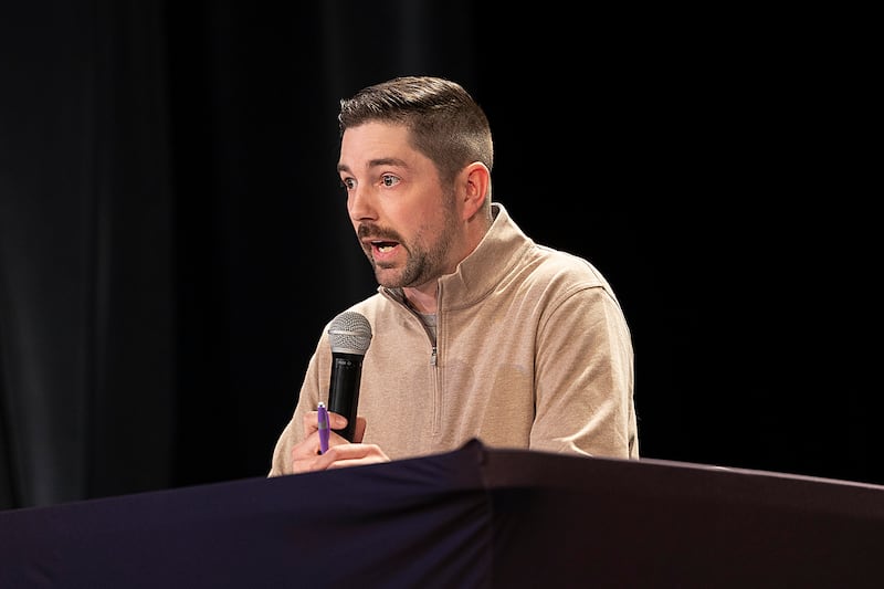 Dixon Township Highway Commissioner Corey Reuter speaks Tuesday, March 18, 2025, at a forum for local election candidates in Dixon.
