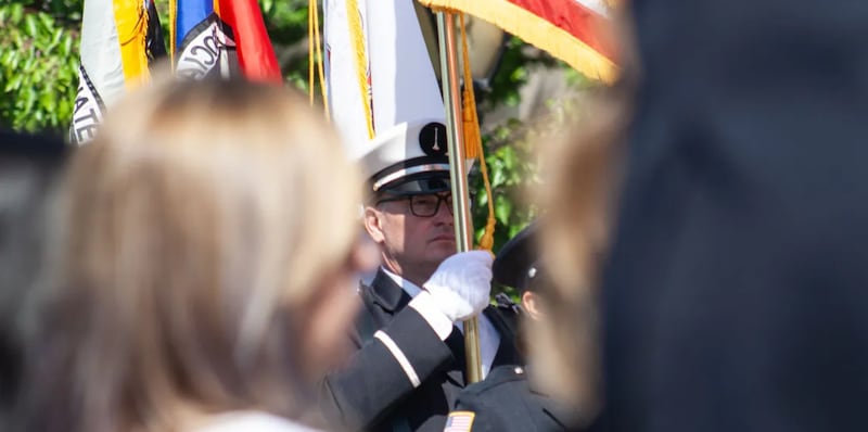 Members of the honor guard march at Tuesday’s memorial for Cpt. David Meyer. Meyer was among those honored in an annual ceremony after he died in 2025 from injuries sustained battling a garage fire.