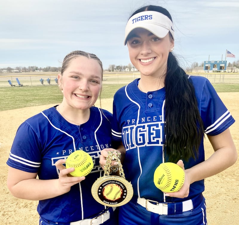 Avah Oertel (left) and Keely Lawson combined for four hits and six RBIs to lead the Tigresses to a 9-4 win over Chillicothe IVC in Friday’s home opener at Little Siberia Field. Each homered.