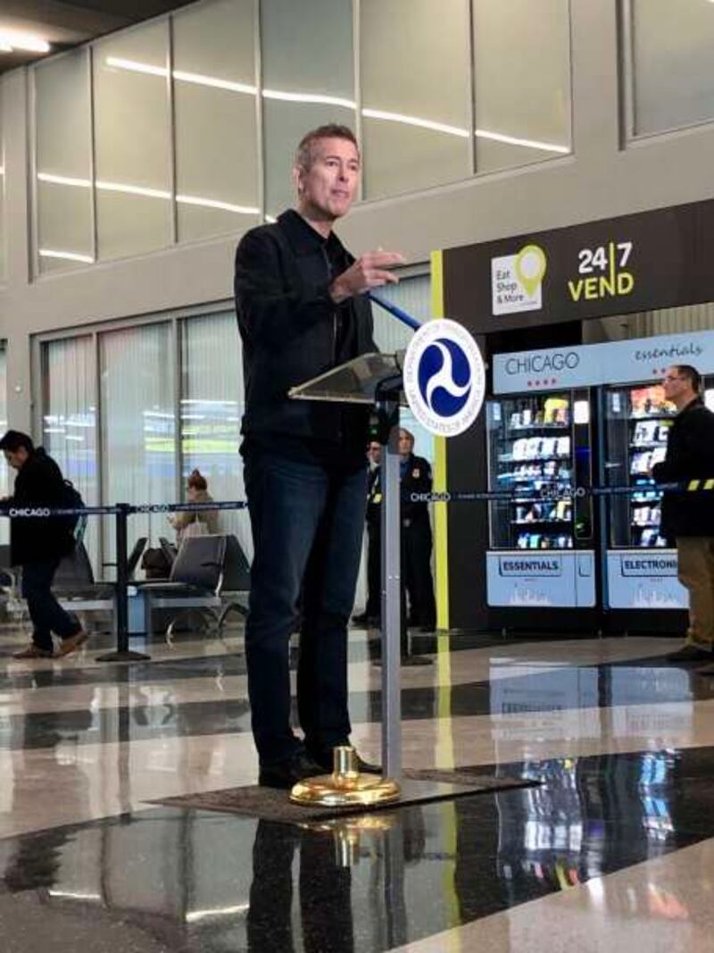U.S. Transportation Secretary Sean Duffy held a briefing Tuesday at O'Hare International Airport on the impact of the government shutdown on aviation.