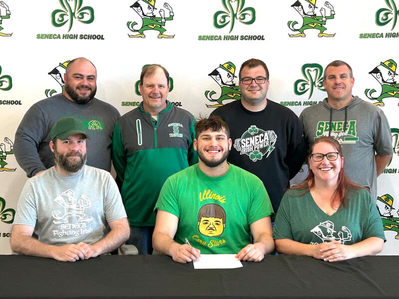 Seneca graduate and Times All-Area Wrestling first-teamer Jeremy Gagnon has committed to continue his education at McKendree University in Lebanon, Illinois, and his wrestling career at the NCAA Division II level with the Bearcats. Pictured at his signing ceremony are (left to right): in front - Jacob Dodson, Jeremy Gagnon and Sarah Dodson; in back - Gavin Kurtz, Todd Yegge, Alex Shreve and Ted O'Boyle.