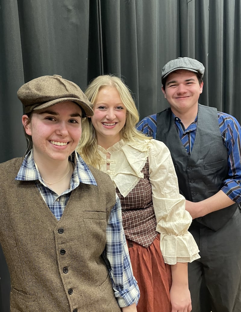 Makayla Meier (from left) as Davey, Natalie Pilgrim as Katherine and Gabriel Pauley as Jack star in Chadwick-Milledgeville School District's upcoming production of "Newsies".