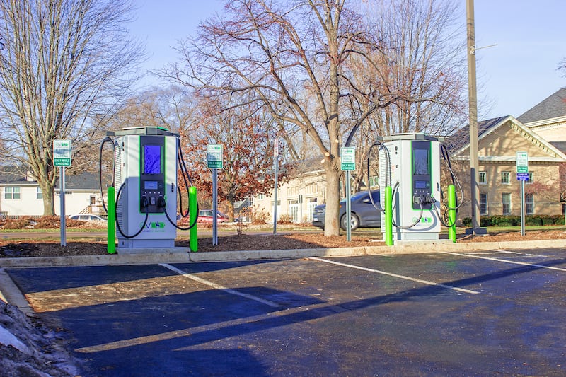 Two of the four new Level 3 electric vehicle fast chargers at the Batavia Public Library, 10 S. Batavia Ave., available for public use.
