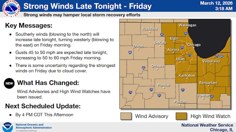 Much of Northern and North Central Illinois will be under either a high wind watch or a wind advisory beginning the evening of Thursday, March 12, 2026.