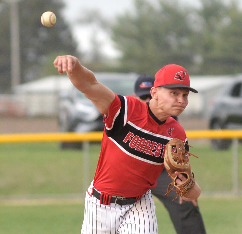 Forreston's Kendall Erdmann pitches in relief against Lena-Winslow on Monday, April 28, 2025 at Forreston High School.