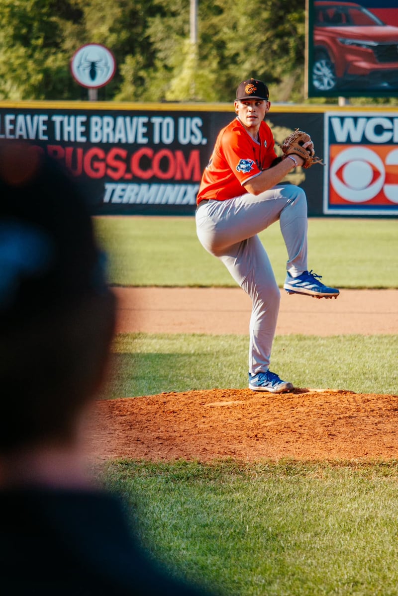 Joe Richardson throws a pitch during the Illinois Valley Pistol Shrimp's 5-4 loss to the Danville Dans in the first game of a doubleheader on Tuesday, July 23, 2024 in Danville, Ill. The Shrimp won the second game 6-2.