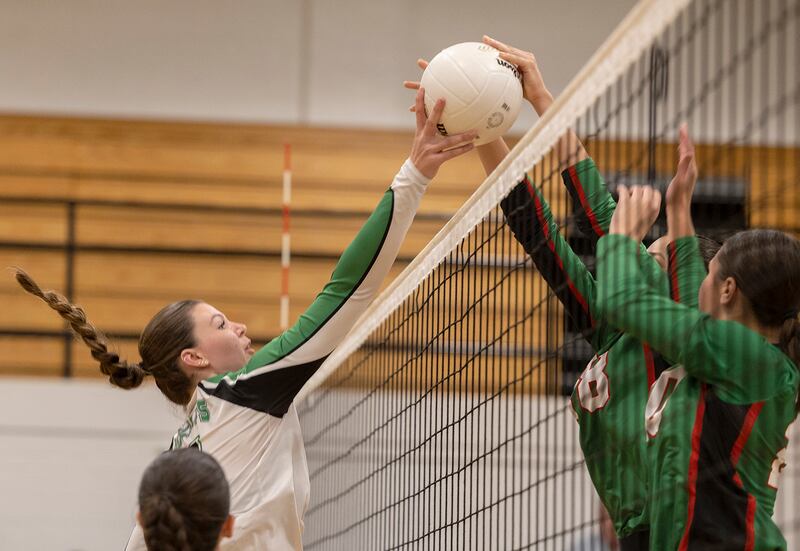 Rock Falls’ Addison Miller works against Lasalle-Peru’s Ava Currie Wednesday, Sept. 4, 2024, at Rock Falls High School.