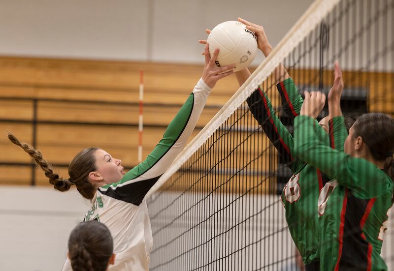 Rock Falls’ Addison Miller works against Lasalle-Peru’s Ava Currie Wednesday, Sept. 4, 2024, at Rock Falls High School.
