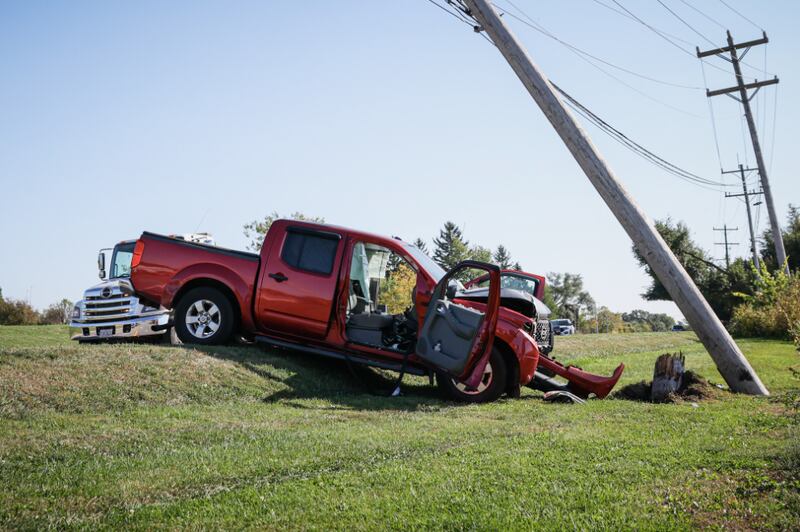 A car crashed into a utility pole causing a portion of Route 14 to be closed on Sept. 29, 2025 in Harvard.