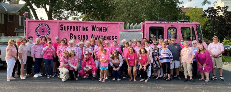 Celebrating Survivorship with the Sauk Valley Pink Heals organization, Pink Ribbon Club of the Illinois Valley Members recently signed the Pink Heals Fire Truck with their diagnosis dates and listened to inspirational messages.