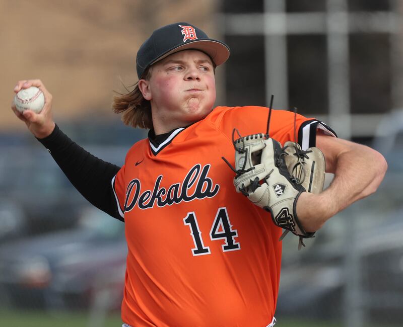 DeKalb's Brodie Farrell delivers a pitch Monday, April 28, 2025, during their game against Naperville Central at DeKalb High School.