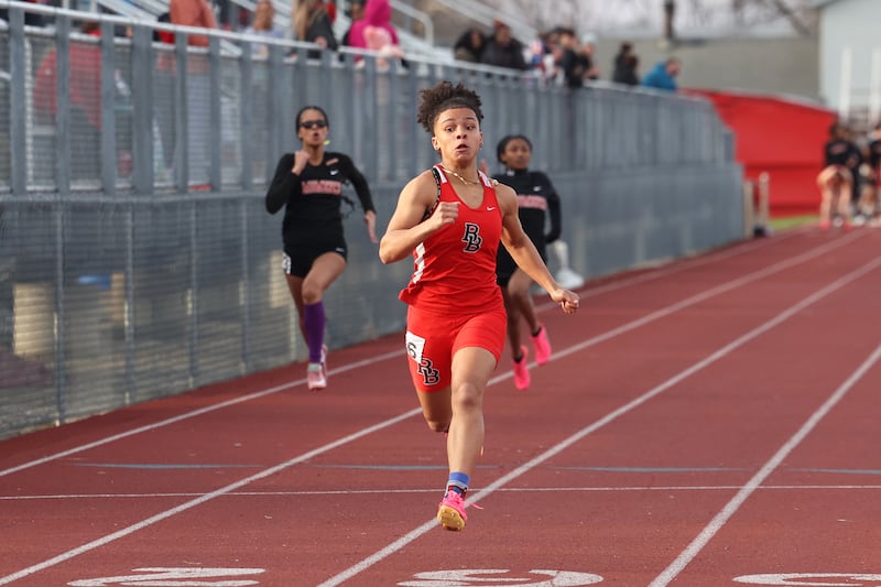 Bradley-Bourbonnais' Nevaeh Brown takes first place in the 100-meter dash during the Boilermaker Invite on Thursday, April 3, 2025.