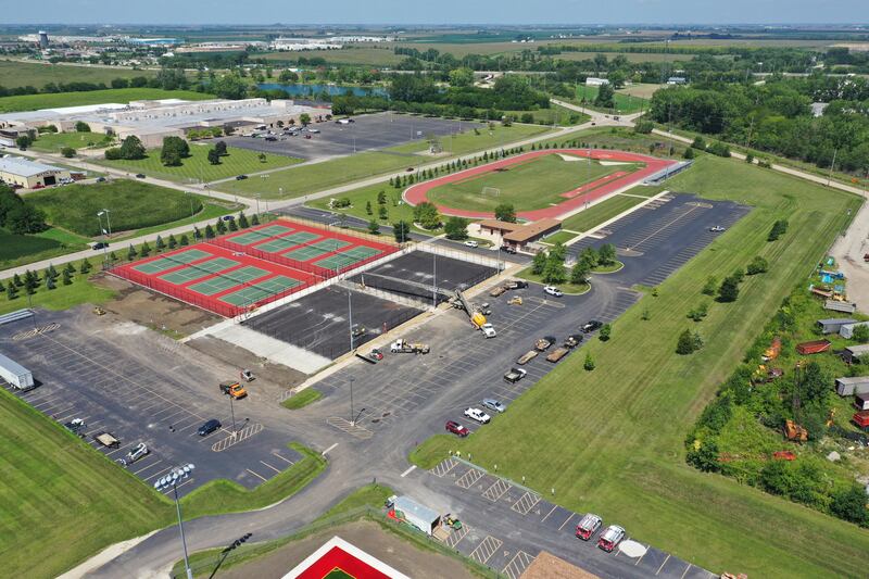 An aerial view of the tennis courts, newly turfed soccer field and baseball and softball fields at the La Salle-Peru Township High School Athletic Complex on Thursday, Aug. 17, 2023. In March of this year, L-P announced a $9.5 million addition/renovation to its sports complex. The project will include the addition of a baseball field, two softball fields and four tennis courts; the installation of artificial turf on the soccer field; the expansion of parking; the addition of restrooms in the soccer building; and construction near the baseball/softball fields that will include a concession stand, press box and restrooms.