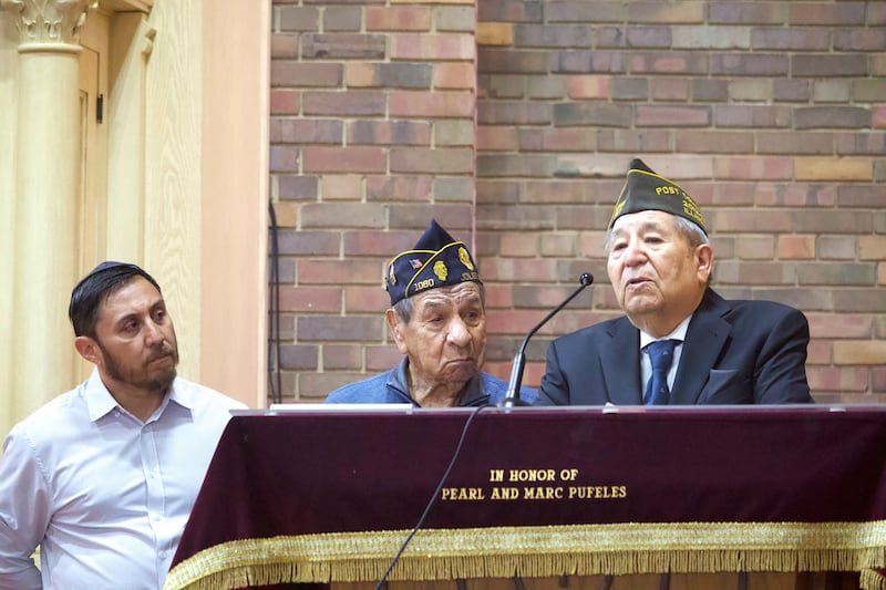 Richard Rodgriguez (left), the grandson of Joe Belman (center), a World War II veteran, and Tony Arellano (right), a Vietnam War veteran, on Saturday, May 24, 2025, at the Joliet Jewish Congregation in Joliet.