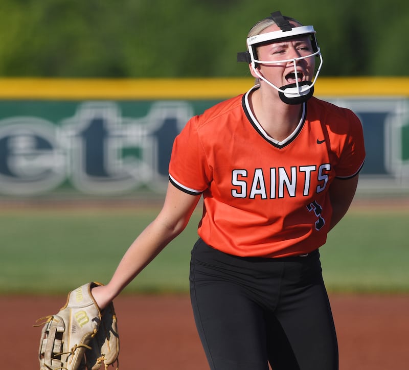 St. Charles East pitcher Hannah Wulf celebrates the Saints’ 8-0 victory over Glenbard East during the Class 4A Bartlett softball sectional semifinal on Wednesday, May 27, 2026.