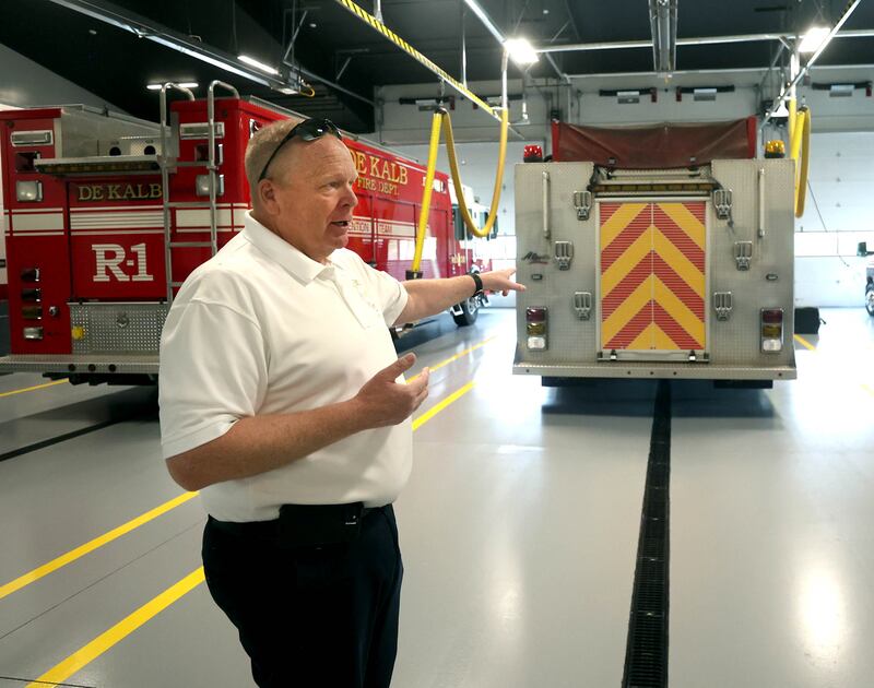 DeKalb Fire Chief Mike Thomas talks about the apparatus bay Tuesday, April 29, 2025, at the newly opened DeKalb Fire Station No. 4 on South Malta Road near the Schnucks shopping center.