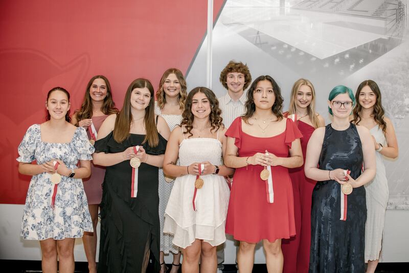Students honored during the 2025 Convocation Ceremony at Hall High School on Tuesday, April 29, graduating Summa Cum Lade, are  Jamie Valadez-Castaneda (from left), Ashland Hansen, Ellie Brooks, Sandra Quiroz Martinez, Gwendolyn Struck Kennedy Wozniak, Madysen Ponsetti, Jacob Diaz, Haley Campbell and Morgan Hoscheid.