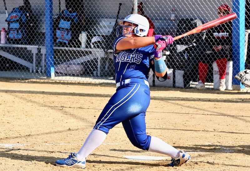 Princeton's Avah Oertel follows through on her swing during the Tigresses' 15-0, four-inning victory on Thursday, May 7, 2026 in Princeton.