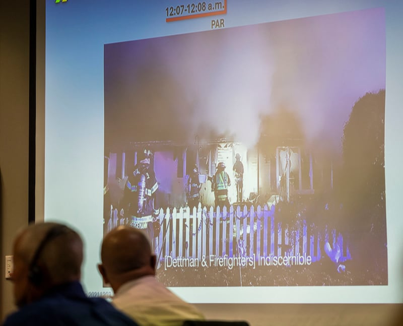A video shown in court on Tuesday, Nov. 4, 2025, is of the fire that killed Sterling Firefighter Garrett Ramos.