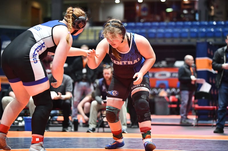 Payton Temple of Clifton Central, right, wrestles in the 190-pound championship match in the IHSA Girls Individual State Finals on Saturday, March 1. Temple took second place to Josephine Larson of Lake Villa (Lakes).