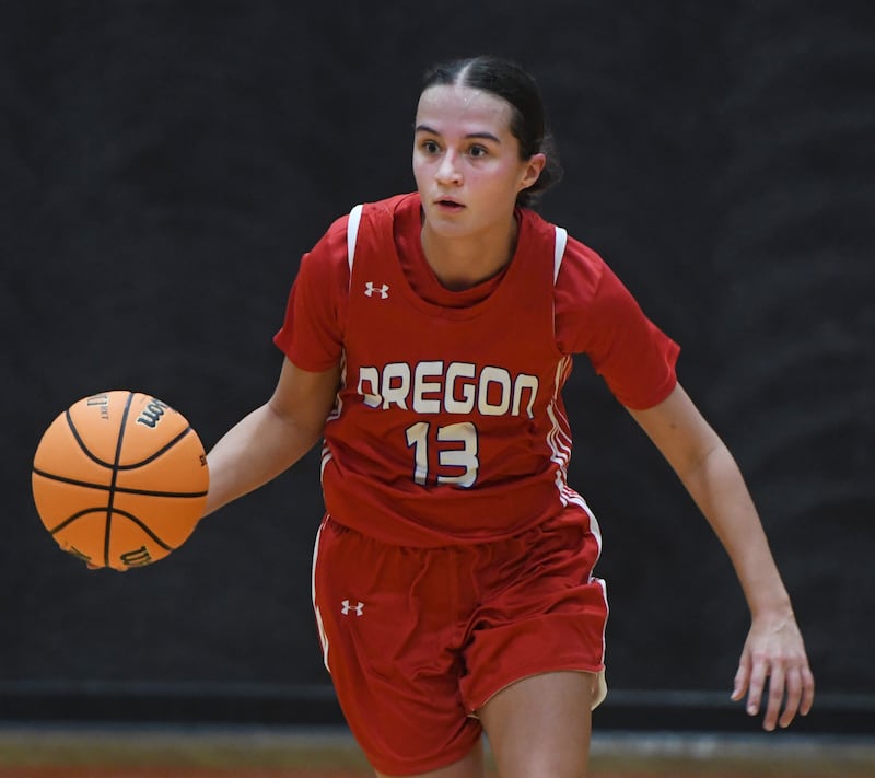 Oregon's Sarah Eckardt brings the ball up the court against Stillman Valley at the 2A Winnebago Regional on Monday, Feb. 16, 2026 at Winnebago High School.