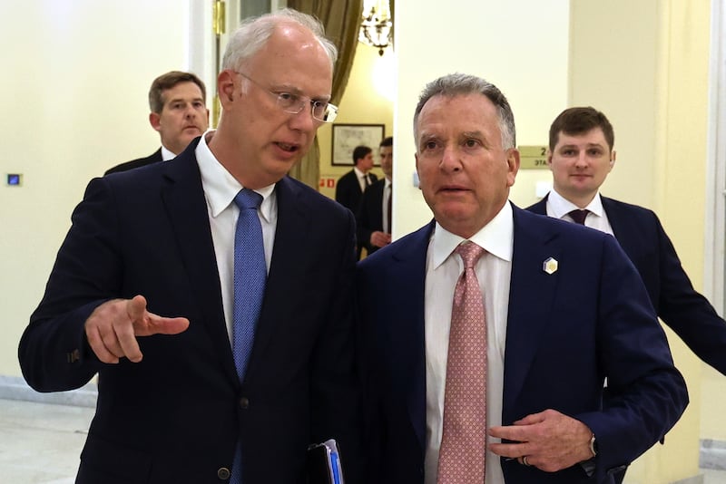 FILE - Russian President Vladimir Putin's envoy Kirill Dmitriev, left, and U.S. President Donald Trump's special envoy Steve Witkoff attend talks in St. Petersburg, Russia, on April 11, 2025. (Vyacheslav Prokofyev, Sputnik, Kremlin Pool Photo via AP, File)