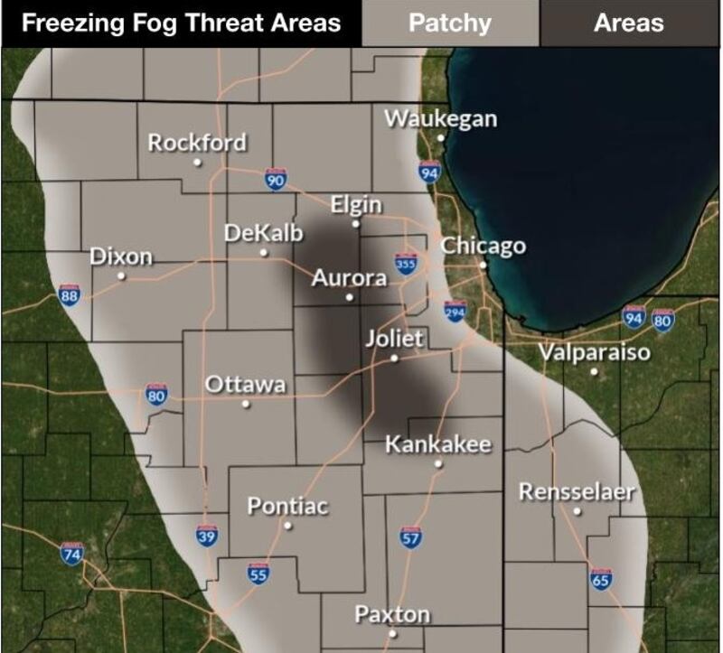 These areas could experience freezing fog Monday morning, the National Weather Service said.