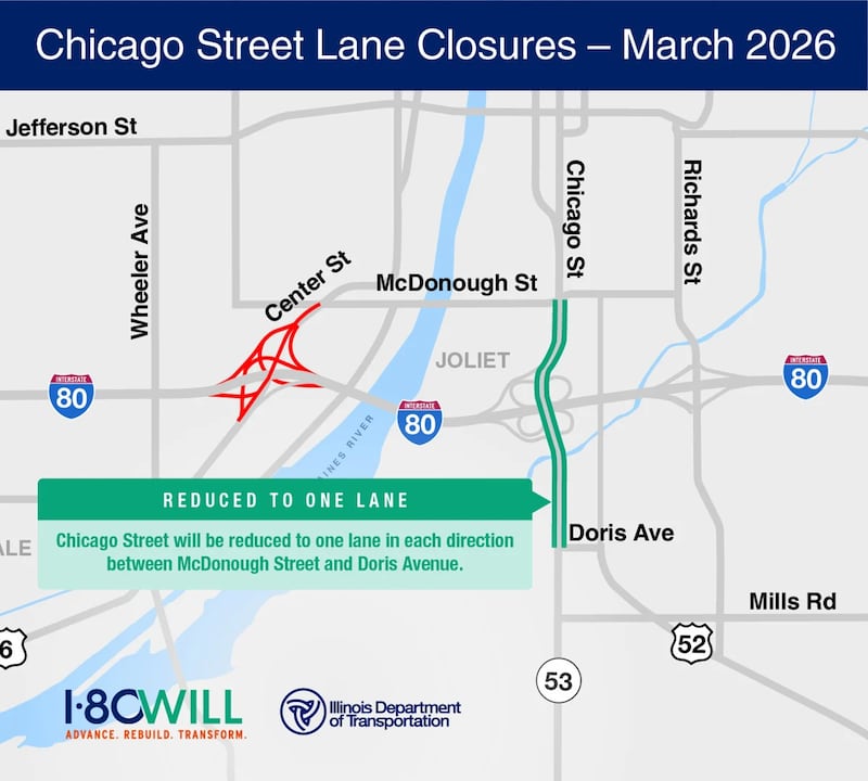 Chicago Street (U.S. 52/Illinois 53) lane closures between McDonough Street (U.S. 6/52) and Doris Avenue in Joliet will begin Wednesday, March 25.