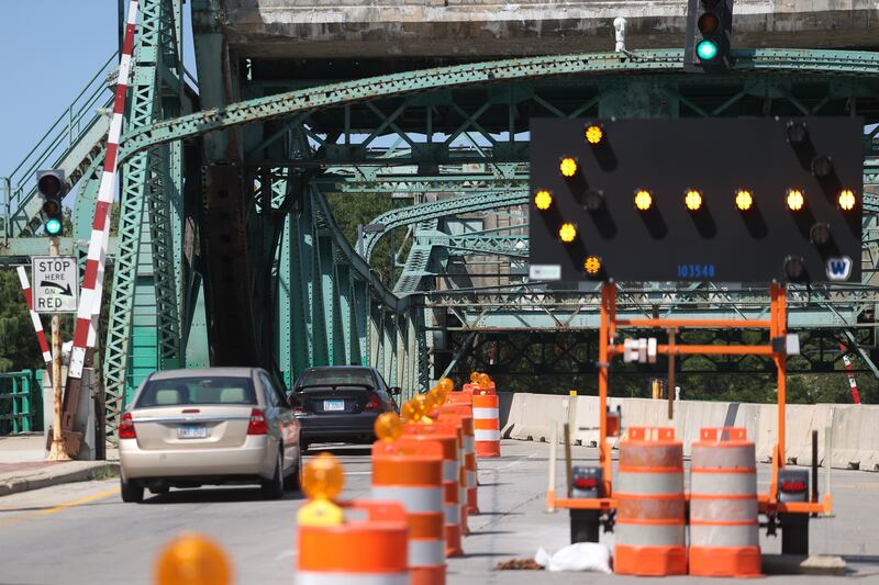 Cass Street Bridges is narrowed down to one lane on Tuesday, August 13, 2024 in Joliet.