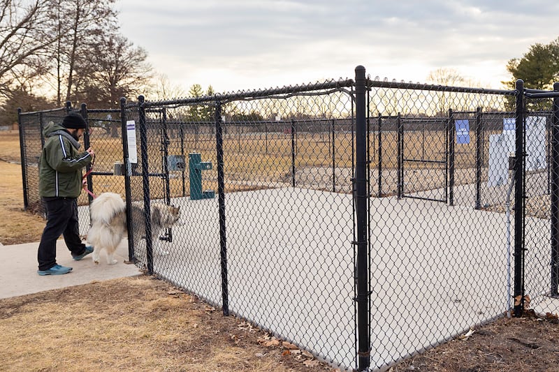 John Pickens-Green takes Mei-Ling into the dog park Thursday, Feb. 26, 2026, at Thomas Park in Sterling.