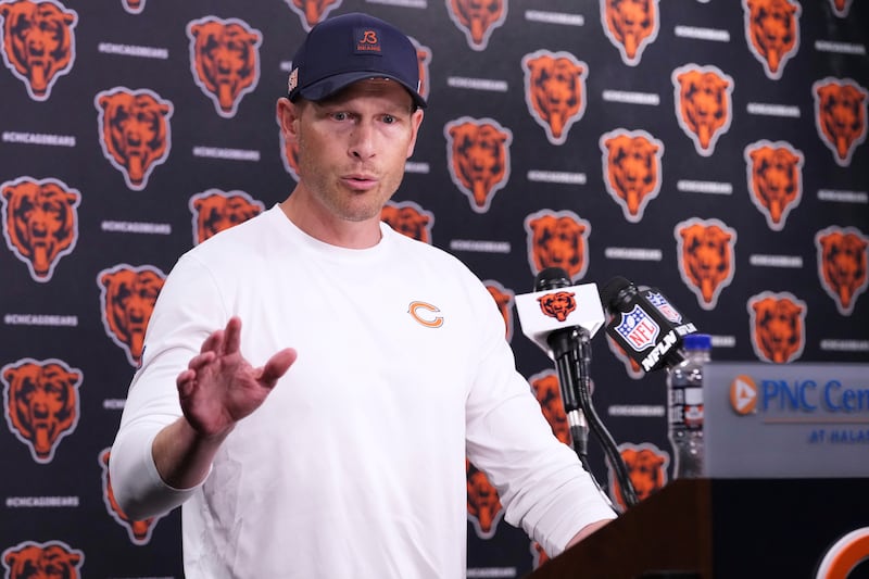 Chicago Bears head coach Ben Johnson talks to media during a news conference after practice at NFL football minicamp at Halas Hall in Lake Forest, Ill., Tuesday, June 10, 2025. (AP Photo/Nam Y. Huh)