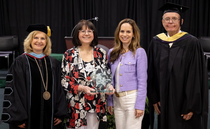 (Left to right); Kishwaukee College president Laurie Borowicz, Linda Mason, Ashley Mason Storms, and Kishwaukee College board of trustees chair Bob Johnson