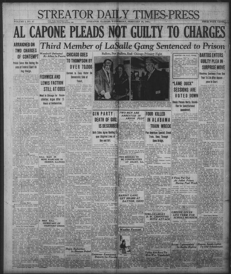 The cover of the Streator Daily Times-Press for Feb. 25, 1931