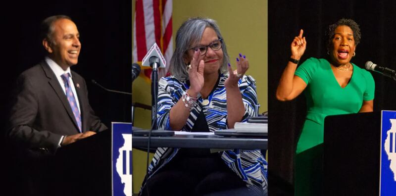 U.S. Reps. Raja Krishnamoorthi and Robin Kelly are pictured along with Lt. Gov. Juliana Stratton in file photos of Democratic Party gatherings in Illinois.