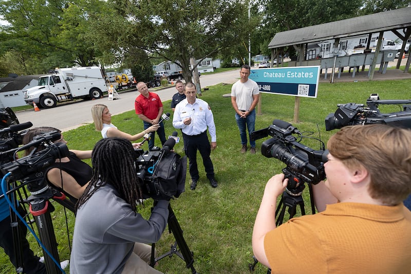 Dixon Fire Deputy Chief Adam Arnould speaks to the media Monday, June 22, 2026, following a suspected gas explosion that injured a Dixon man.