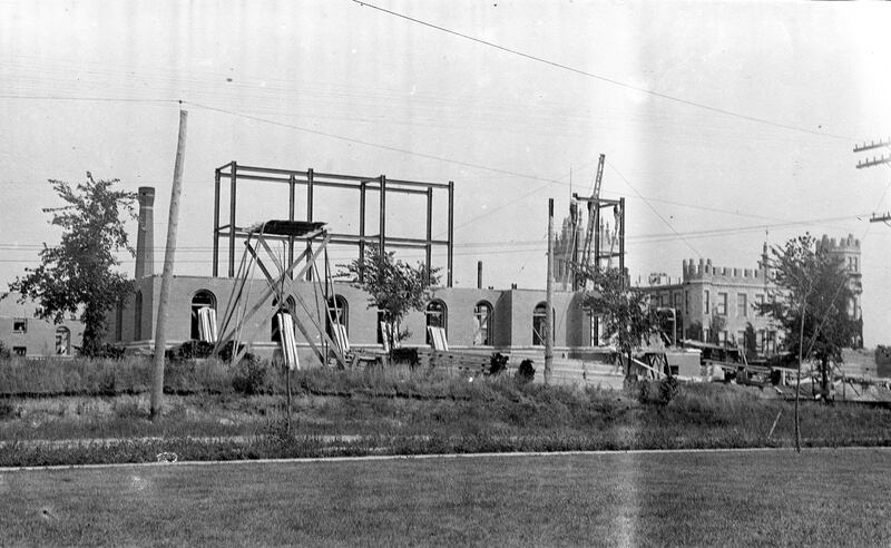 Construction of Williston Hall at Northern Illinois State Normal School (now Northern Illinois University) is seen in this 1914 photo looking east toward Altgeld Hall in DeKalb.