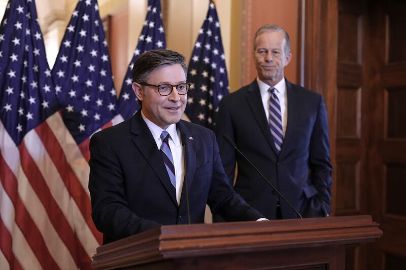 Speaker of the House Mike Johnson, R-La., left, and Senate Majority Leader John Thune, R-S.D., make statements to reporters ahead of vote in the House to pass a bill on President Donald Trump's top domestic priorities of spending reductions and tax breaks, at the Capitol in Washington, Thursday, April 10, 2025. (AP Photo/J. Scott Applewhite)