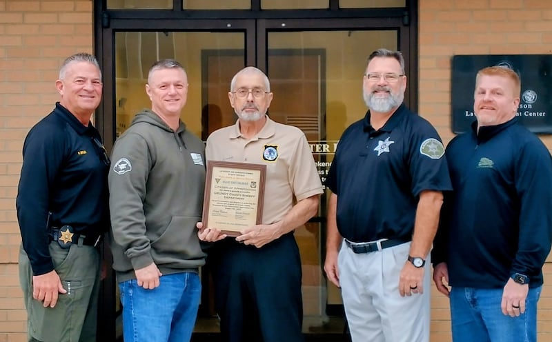From left, Sheriff Ken Briley, Deputy Chief of Patrol Paul Clampitt, Blue Chevaliers Jerry Terando and Steve Huettemann (Court Security Officer), Chief Deputy Eric Werden.