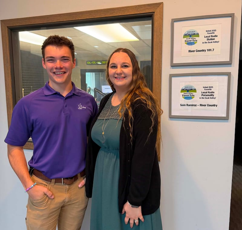 Noah Grot (left) and Courtney Ligtenberg (right) from the 1st National Bank in Amboy pose for a picture at the WIXN radio station in Dixon on June 5, 2026.