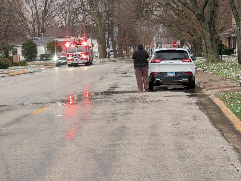 A firetruck moves amongs the damage on North Street in Bradley after the storm on the afternoon of Tuesday, March 10, 2026.