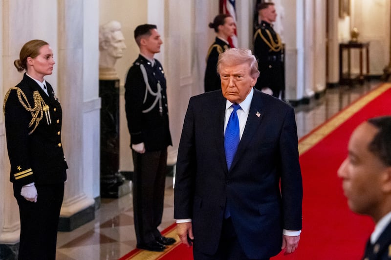 President Donald Trump arrives for a Medal of Honor ceremony in the East Room of the White House, Monday, March 2, 2026, in Washington. (AP Photo/Alex Brandon)