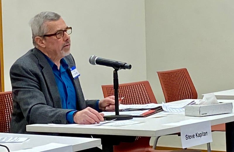 Steve Kapitan, former DeKalb City Clerk and DeKalb 3rd Ward Alderman, speaks at a candidate forum for the DeKalb City Clerk's race on Sunday, March 9, 2025, at the DeKalb Public Library, 309 Oak St. Kapitan is running as a write-in candidate in the April 1, 2025, election.