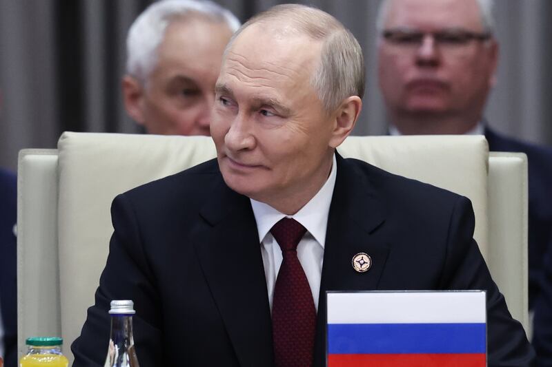 Russian President Vladimir Putin attends the summit of the Collective Security Treaty Organisation (CSTO) at the Administrative complex Yntymak-Manas Ordo, in Bishkek, Kyrgyzstan, Thursday, Nov. 27, 2025. (Alexander Kazakov, Sputnik, Kremlin Pool Photo via AP)