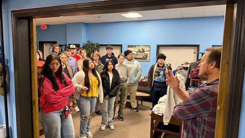 Grundy Area Vocational Center students visit Simian Brothers in Morris to learn about the screen printing process for t-shirts.