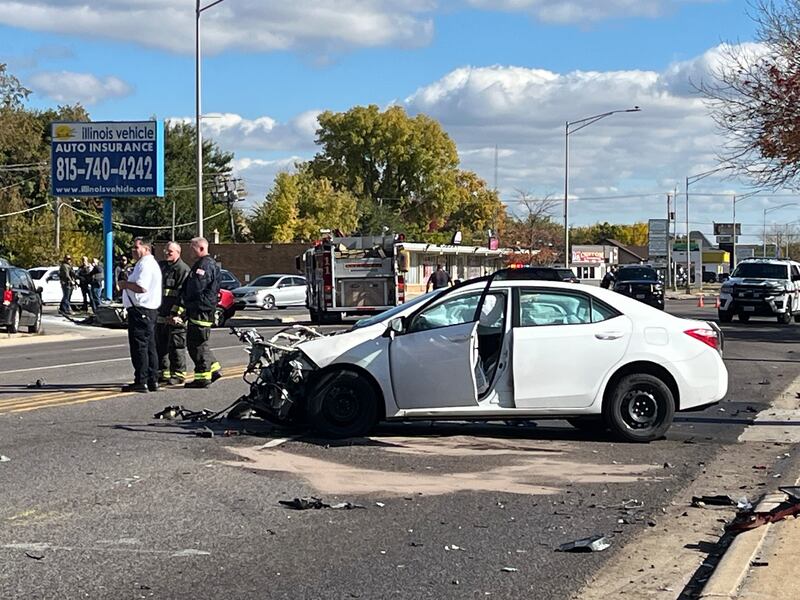 A vehicle damaged on West Jefferson Street near Reed Street in Joliet on Thursday, Oct. 30, 2025.