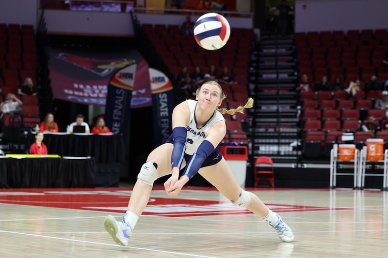 Cissna Park's Addison Lucht chases down a deflected ball during the Timberwolves' victory in two sets, 25-11, 25-14, over Stockton in the IHSA Class 1A State championship on Saturday, Nov. 15, 2025.