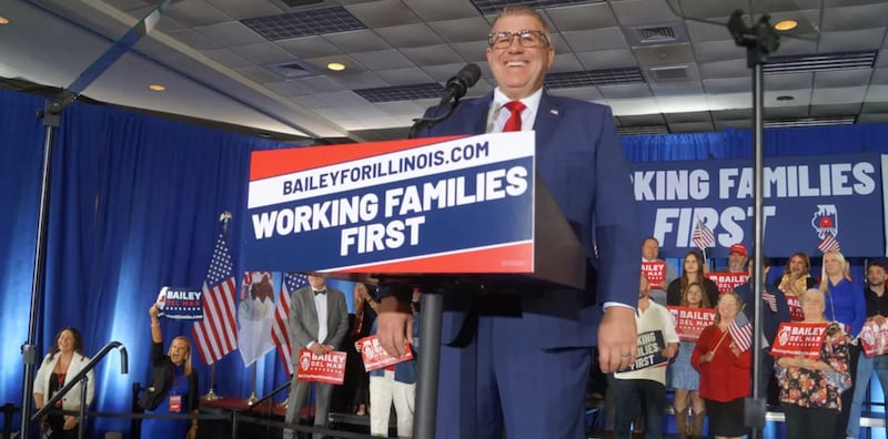 Darren Bailey speaks to reporters at a Springfield hotel on March 17, 2026, after winning the Republican nomination for governor for a second time.